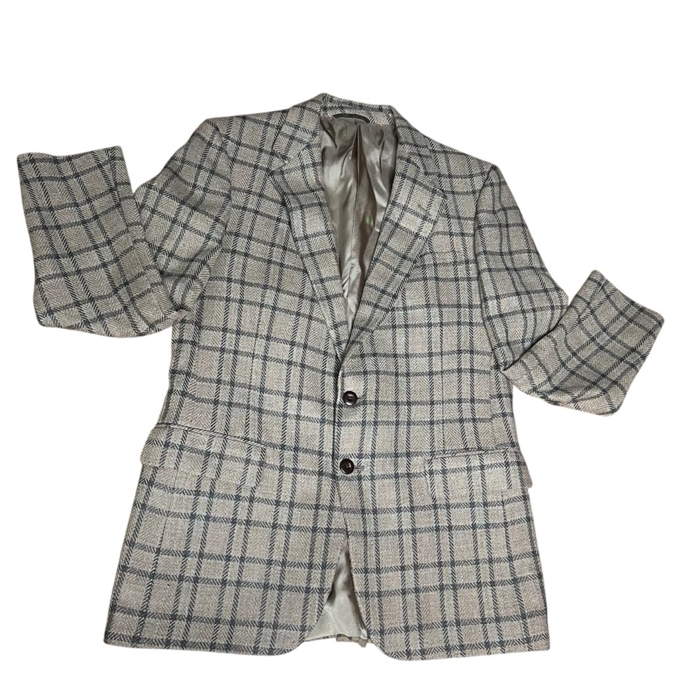VINTAGE PIERRE CARDIN Paris New York Couture Tan Plaid Blazer Made in USA 42R